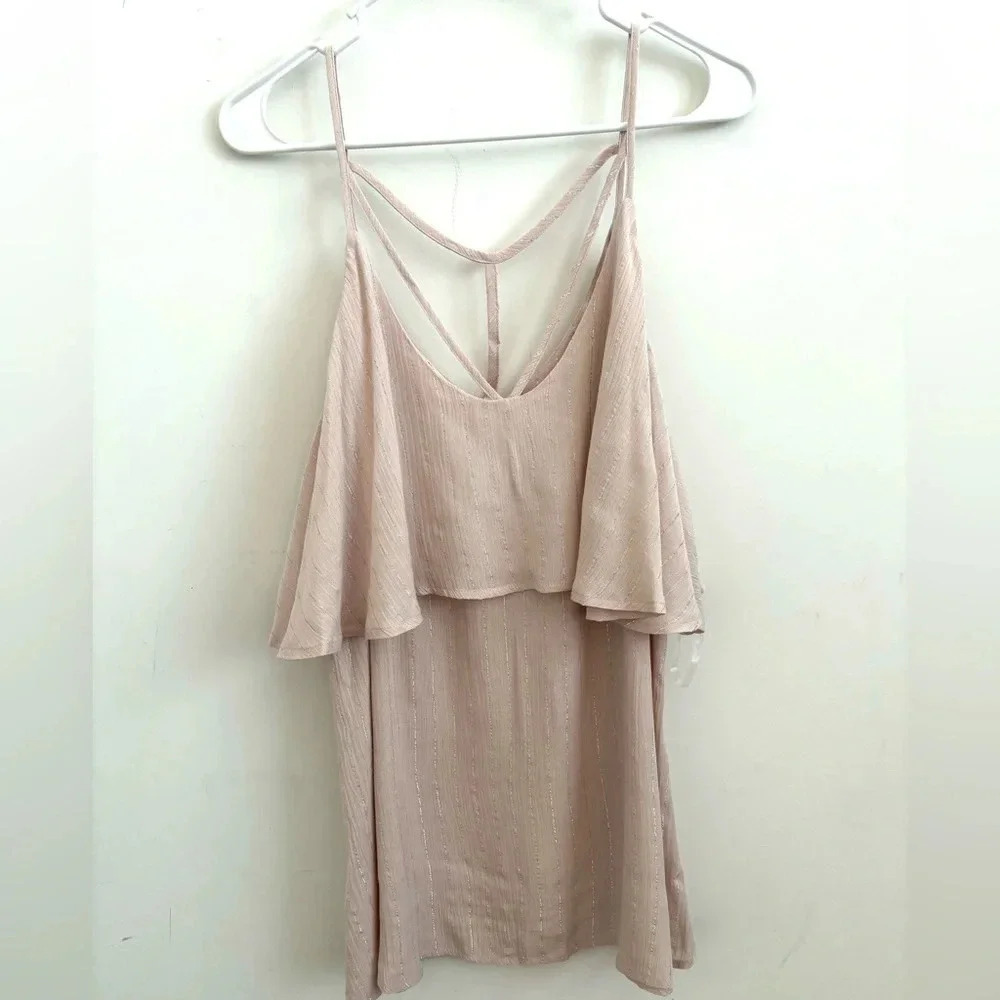 Entro Blush Tan Top L Flowy Ruffle Layer Cottagecore Fairy Vibe Summer Bohemian